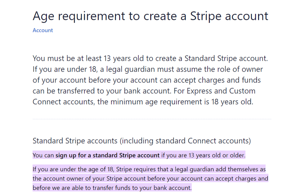 Age requirements for stripe