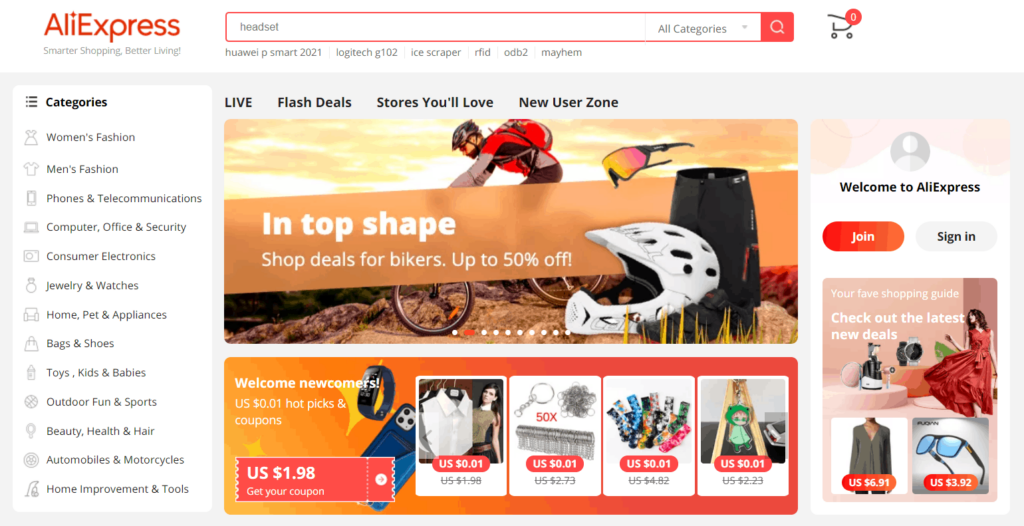 Homepage of AliExpress