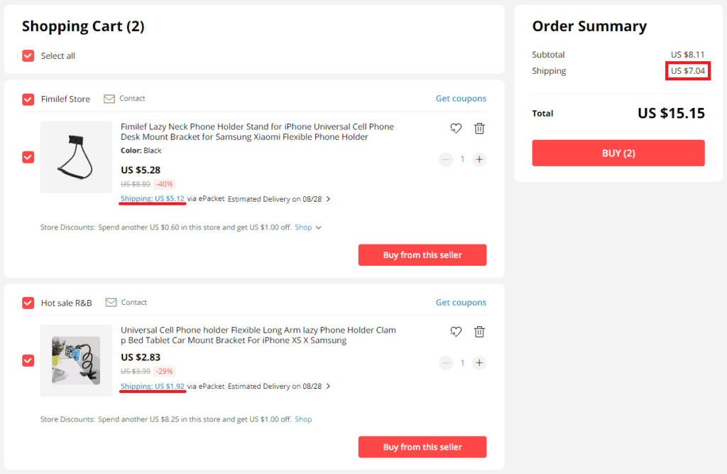 Buying from multiple AliExpress suppliers