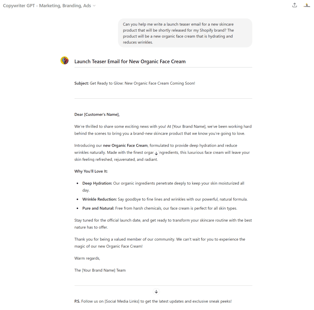 Copywriter GPT example