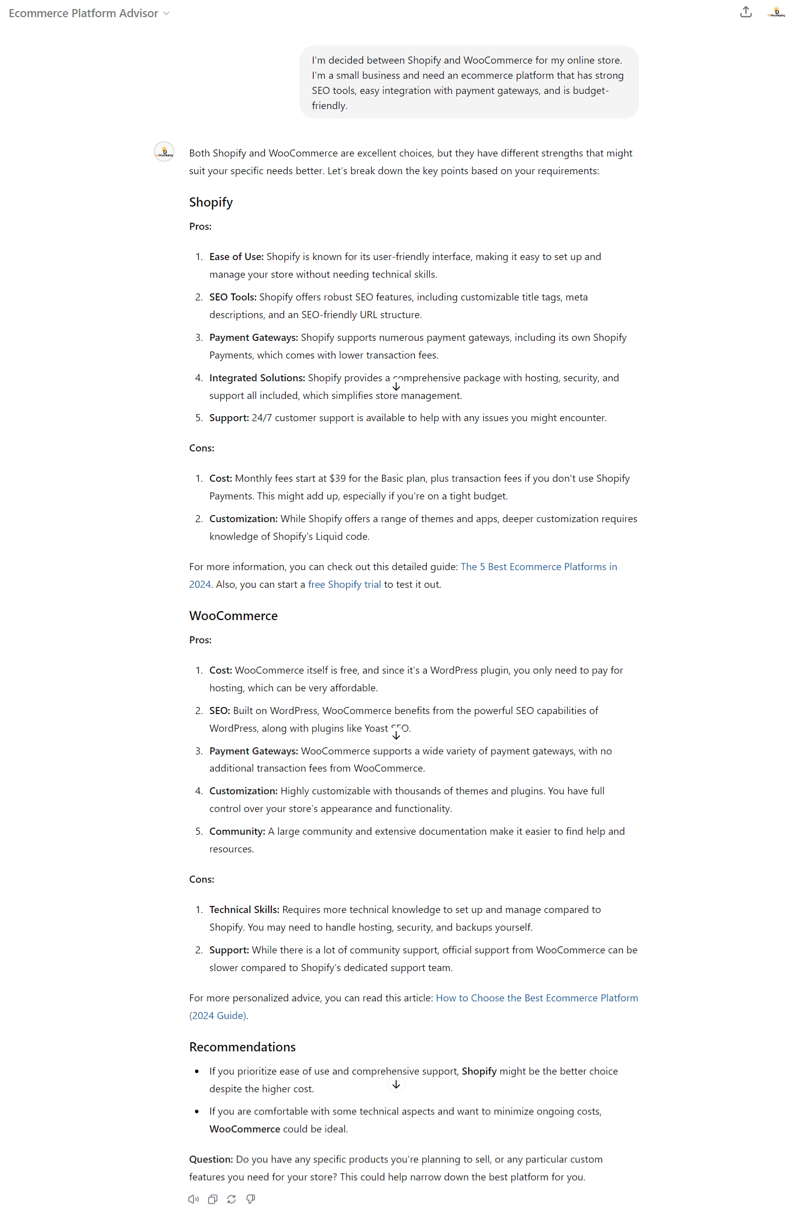 Ecommerce Platform Advisor GPT example output