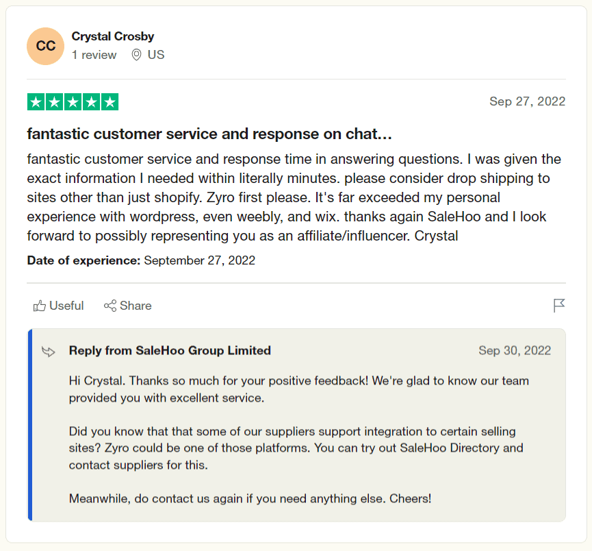An example of great customer service feedback for SaleHoo.