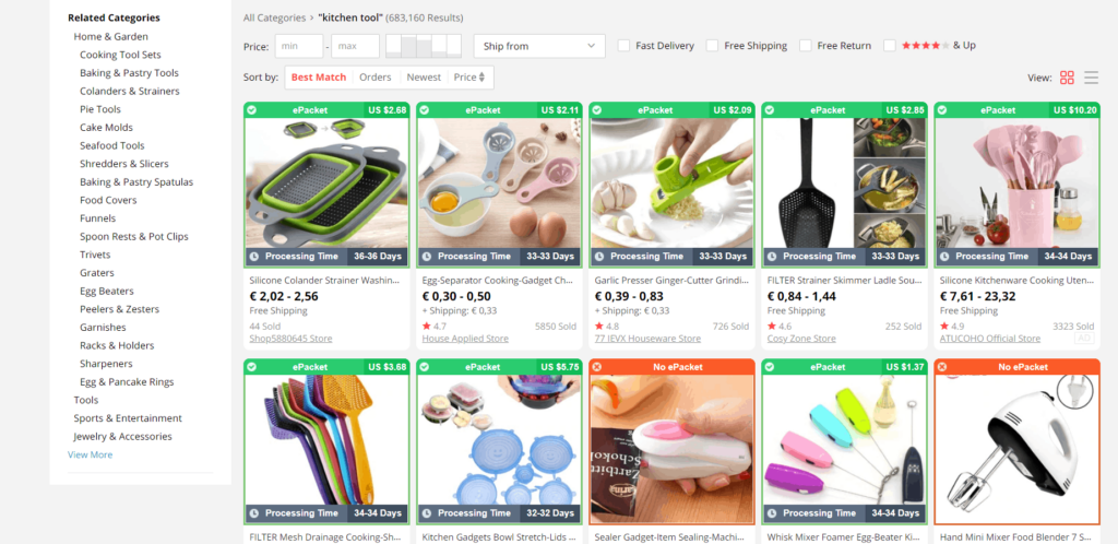 Kitchen tools dropshipping niche idea Aliexpress