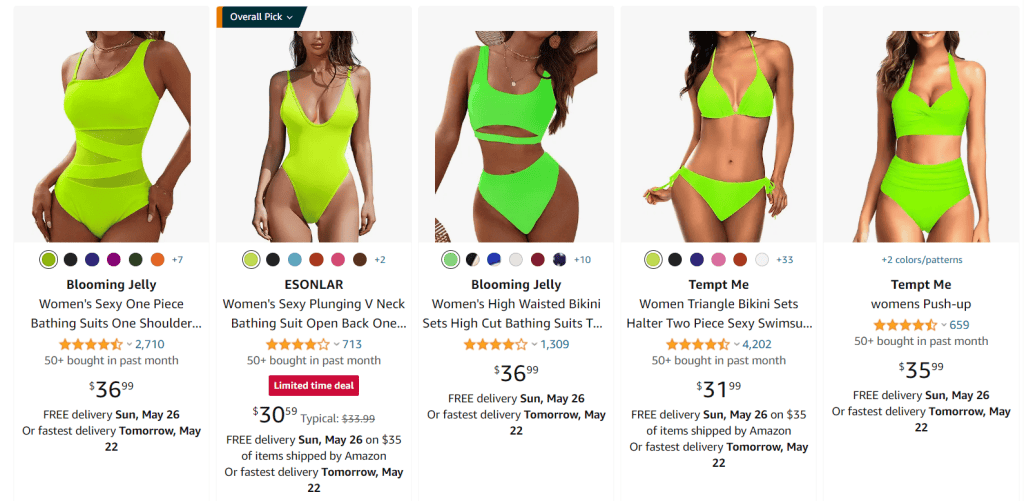 Neon swimsuits on Amazon