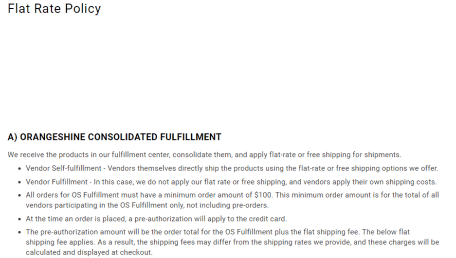 Orangeshine shipping policy page sample