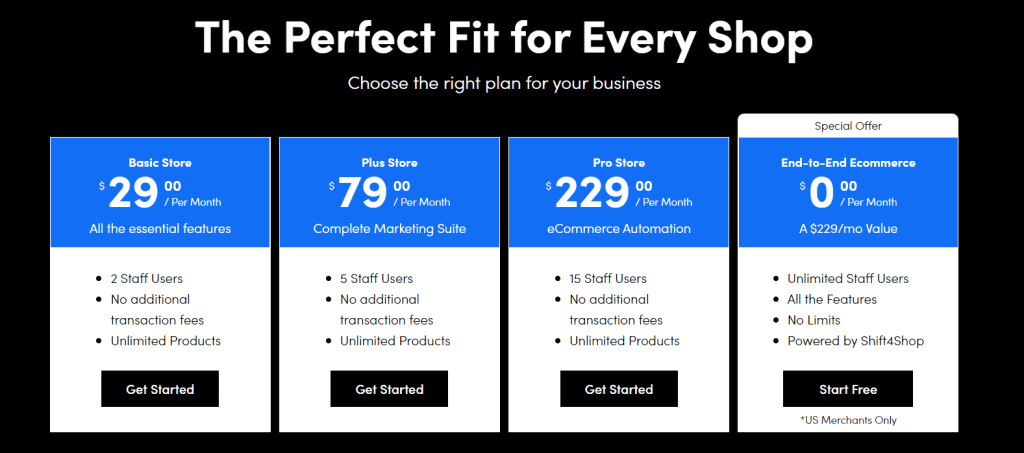 Shift4Shop international pricing plans