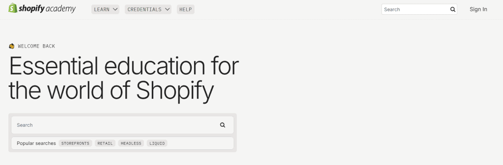 Shopify Academy homepage