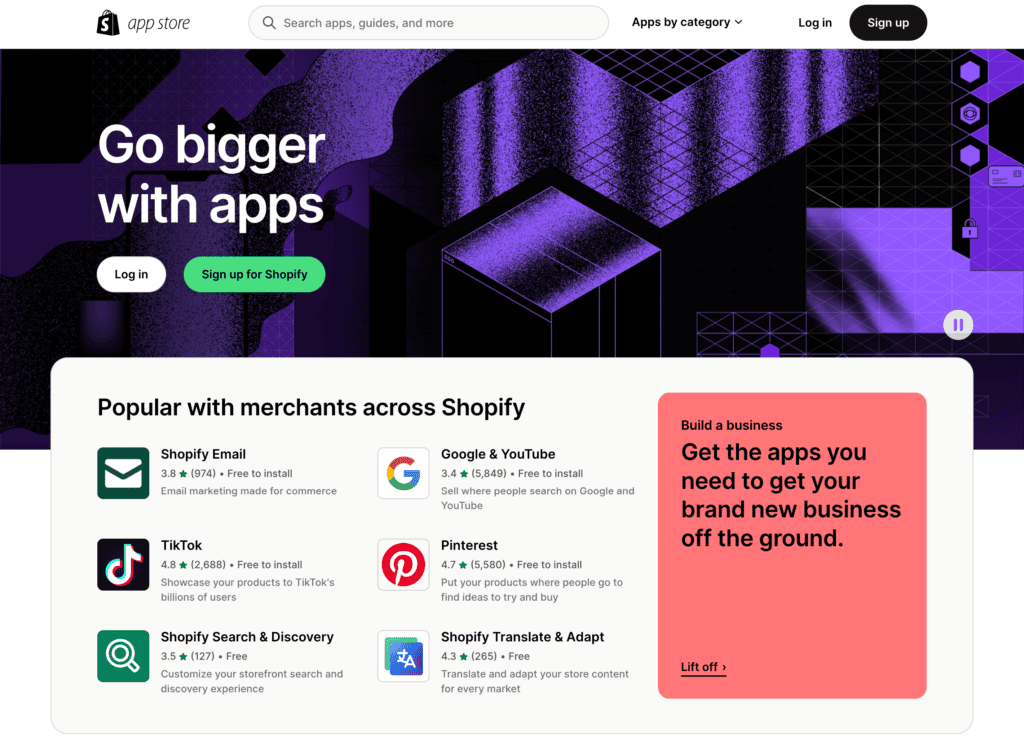 Shopify App store homepage
