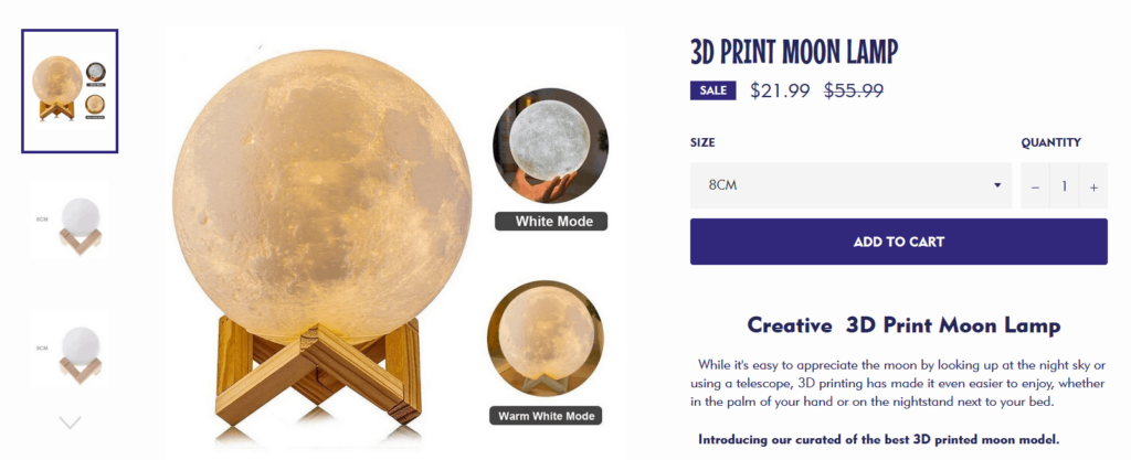 3D print moon lamp product page