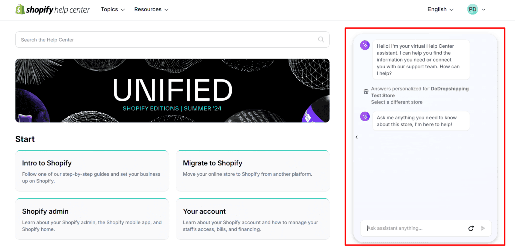 Shopify's help center assistant GPT