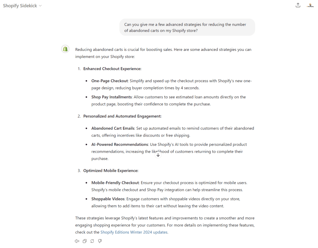 Shopify Sidekick GPT output