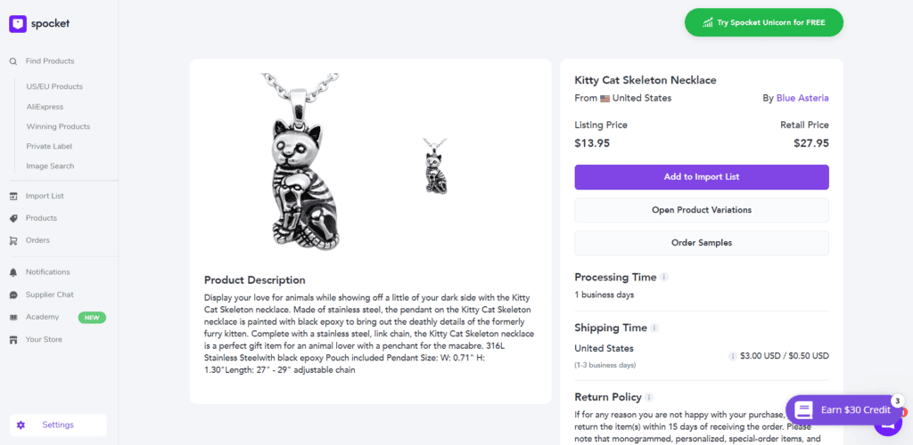 Spocket cat skeleton necklace