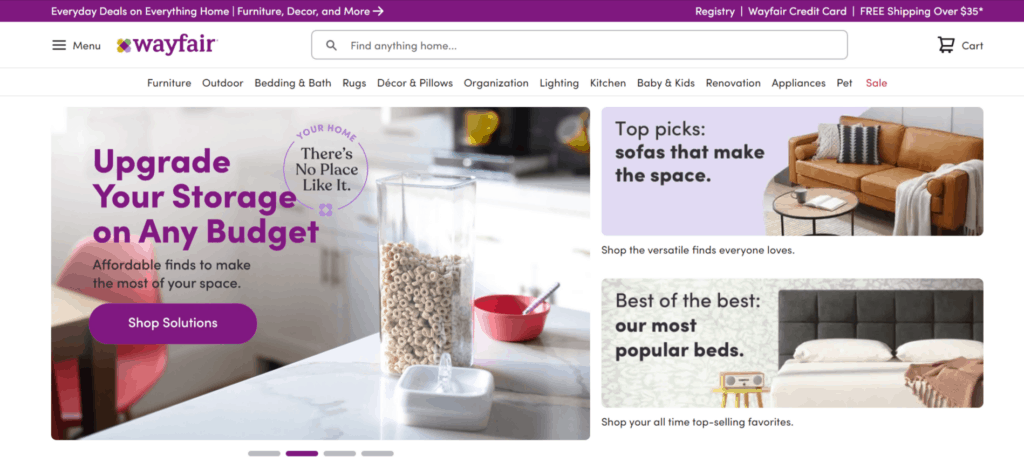 Homepage of Wayfair